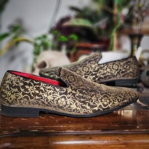 Henry Ferrera Gold Black Brocade‎ Smoking Loafers Slip On Dress Shoes Men's 10.5